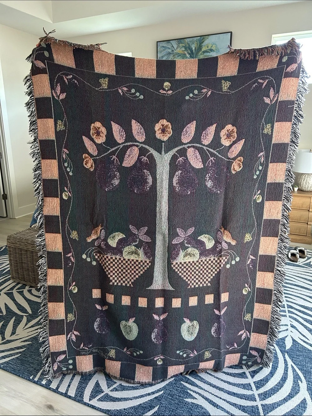 Vintage Fruit Tree Woven Throw Blanket in Cream, Navy & Green